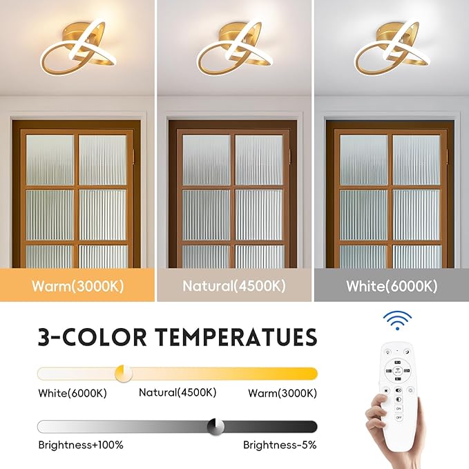 Gold Hallway Ceiling Light Fixtures 3000K-6000K Dimmable LED Ceiling Light with Remote Control Modern Flush Mount Ceiling Lights for Bedroom Bathroom Kitchen Balcony Stair Aisle Ceiling Lamp (Gold)