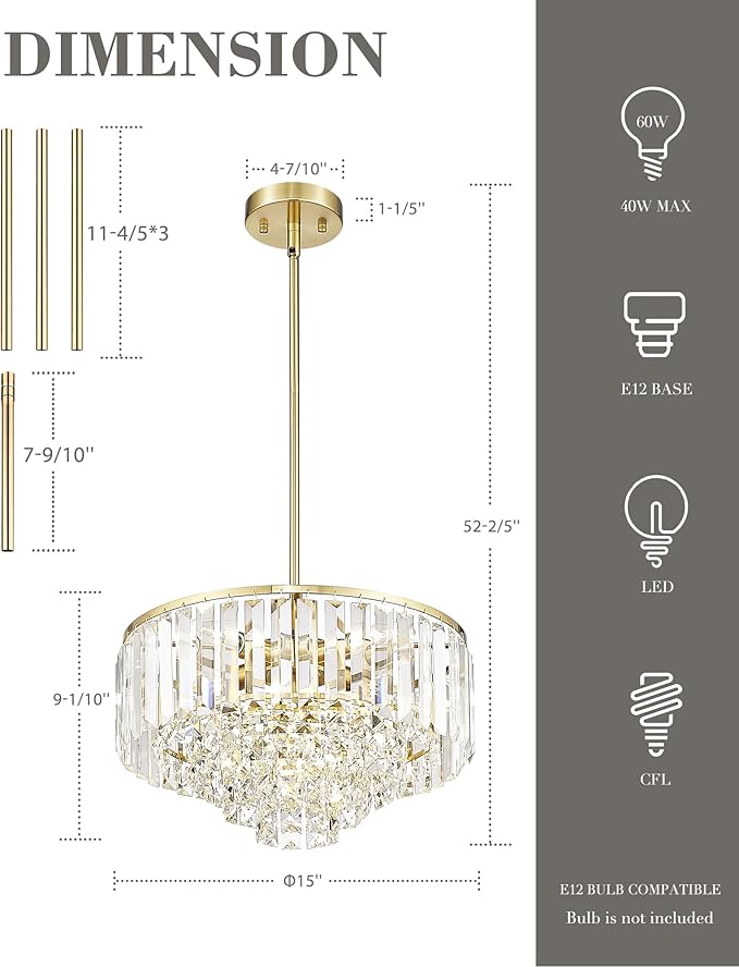 15'' Gold Chandelier, 5-Tier Crystal Chandelier, Modern Pendant Light for Dining Room Kitchen Island Bedroom Entryway, CC4215-5W-PG