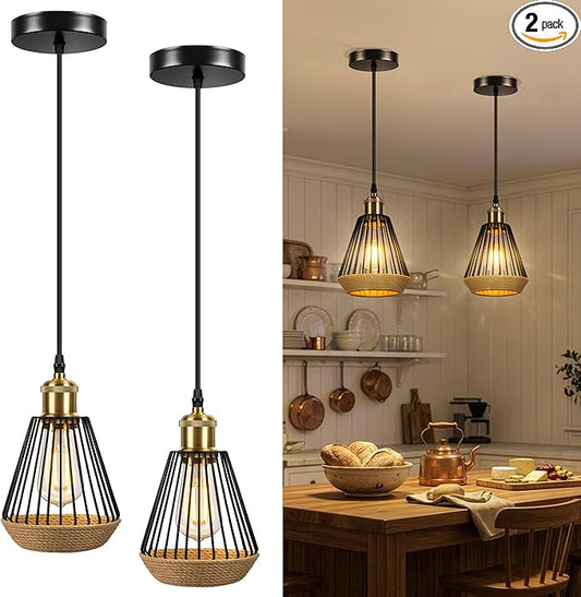 ropelux Pendant Lights Kitchen Island, Modern Kitchen Island Lighting, Adjustable Height Farmhouse Black Gold Brass Hanging Light Fixture for Living Room Sink Dining Room Bedroom- 2 Pcs