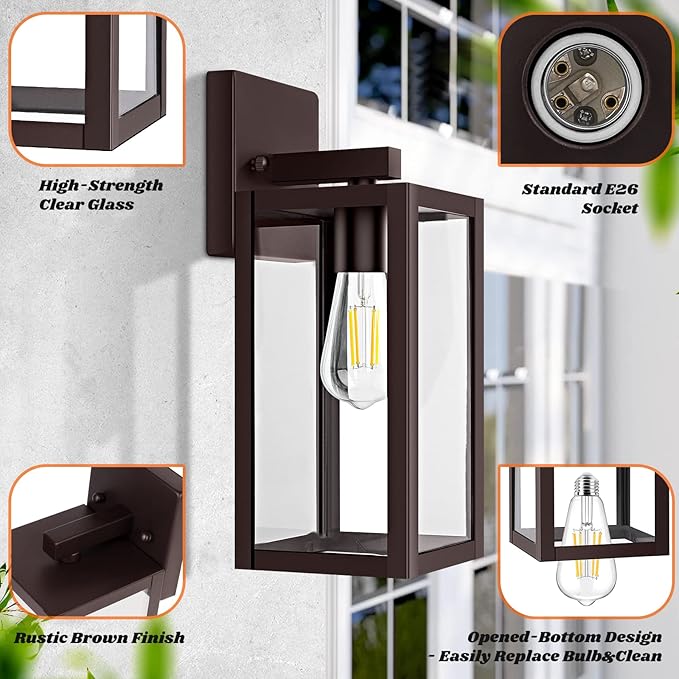 Brightever 2-Pack Outdoor Wall Light Fixtures, Brown Waterproof Anti-Rust Exterior Wall Sconce Lantern with Clear Glass, Modern Outside Front Porch Lights for House Garage Doorway, Bulbs Not Included