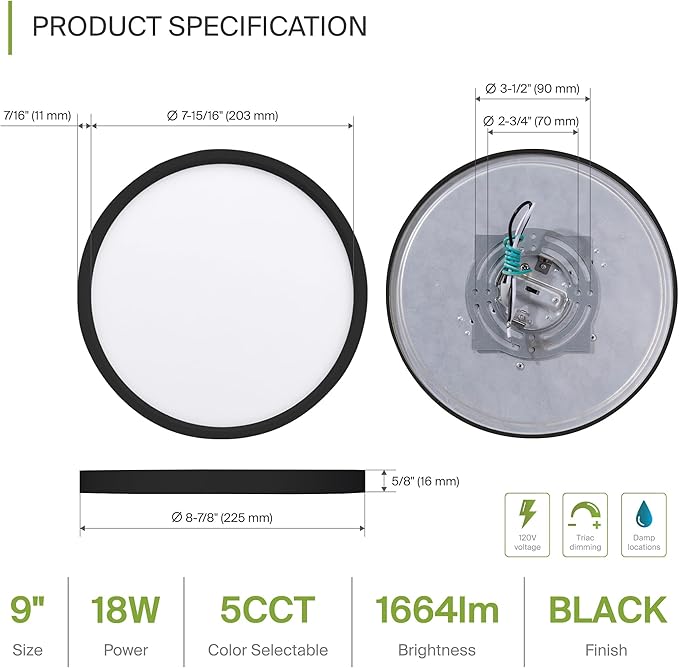 ASD LED 9" Round Flush Mount Ceiling Light Fixture, Low Profile Surface Lighting | 5CCT, Dimmable, Ultra-Thin, ETL Listed | 18W 1660LM 2700-6000K 120V | Kitchen, Bedroom, Hallway Lamp | Black, 12 Pack