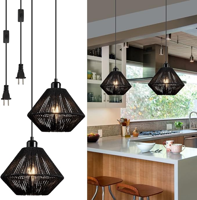 2 Pack Woven Plug in Pendant Light Fixture Black, 9.65’’ Rustic Farmhouse Pendant Hanging Light with Plug in Cord & On/Off Switch for Kitchen Island Living Dining Room Bedroom Foyer
