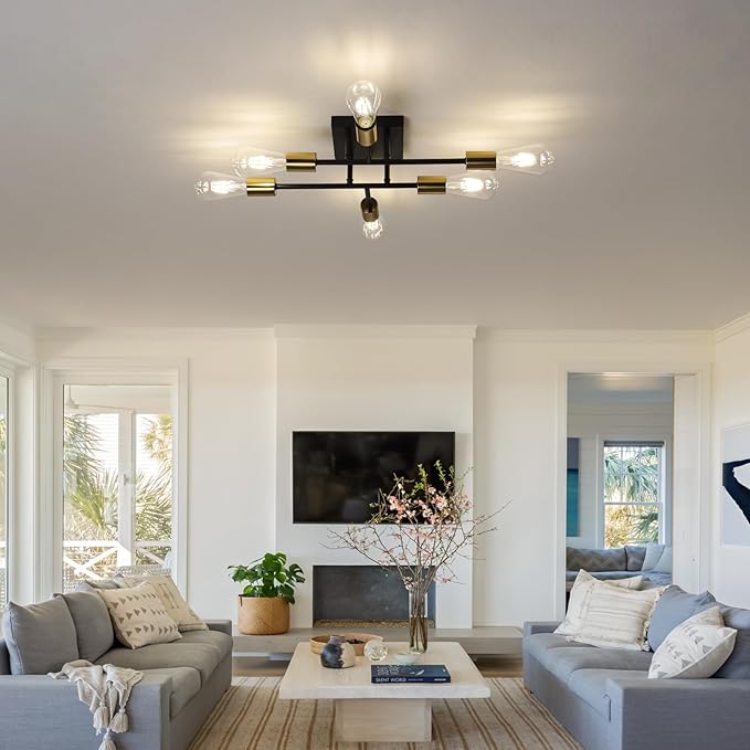 6-Lights Semi Flush Mount Ceiling Light Fixture, Matte Black and Golden, Modern Sputnik Close to Ceiling Light with E26 Base, Chandelier Light for Bedroom Kitchen Living Room Dining Room