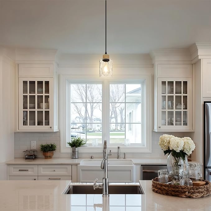 1 Pack Farmhouse Water Ripple Glass Pendant Light for Kitchen Island, Black Hanging Light Fixture, E26 Mini Pendant Lighting for Living Room, Bedroom, 41" Adjustable Cord, Bulb Not Included