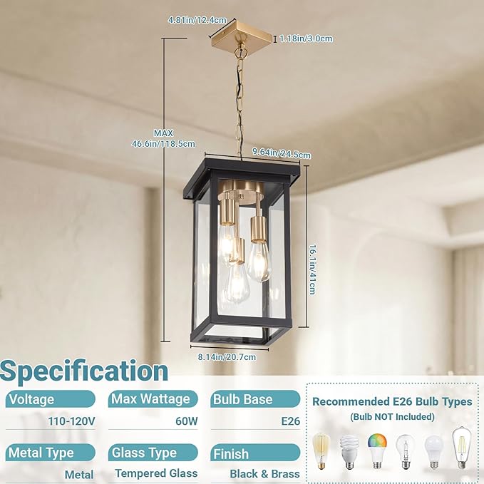 LOUSACE 16.1'' Large Outdoor Pendant Light Fixtures 3-Lights Brushed Brass & Black Outdoor Chandelier Exterior Hanging Porch Light Fixtures, Outside Pendant Porch Light Lantern for Entrace Balcony