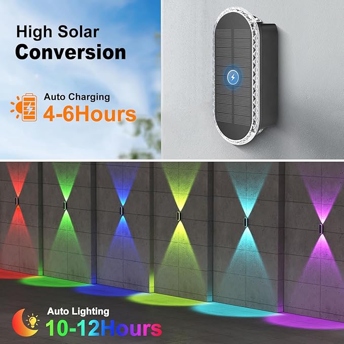 Ellasay Solar Fence Lights Backyard: 8-Pack Fence Lights Solar Powered 8 WRGB Color Modes - Up & Down Waterproof Solar Wall Lights for Outdoor/Yard/Poolside/Porch/Patio/Railing