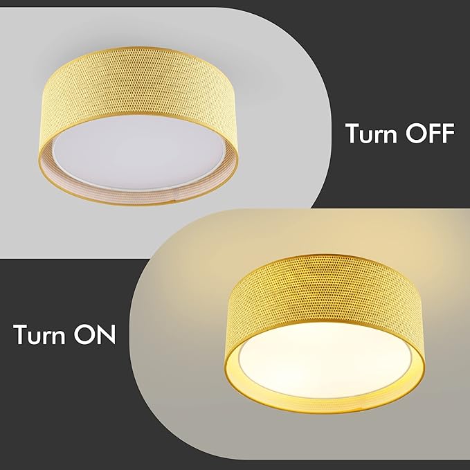 WINGBO 15.7" Modern 3-Light Flush Mount Ceiling Light Fixture with Fabric & Acrylic Double Drum Shade for Bedroom Living Room Dining Room Hallway Entryway, Flaxen