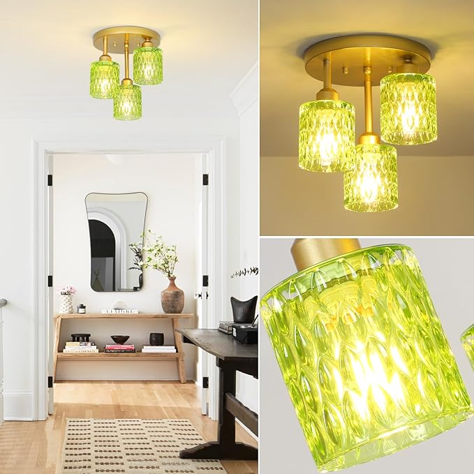 3-Light Semi Flush Mount Ceiling Light, Vintage Gold Kitchen Ceiling Light Fixture with Green Glass Shade, Mid Century Modern Close to Ceiling Lighting for Dining Room Hallway Entryway Bedroom