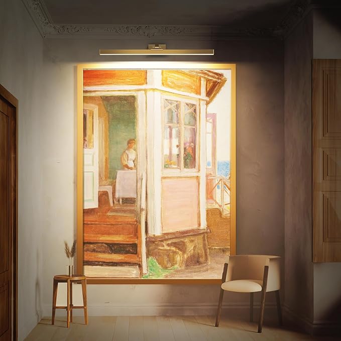 Afyuol Picture Lights for Wall, Brass Battery Operated Picture Light 24in Art Light CCT Dimmable Recharging Battery Wall Light with Remote Control for Living Room Gallery