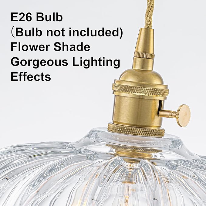 EDSILIVE Vintage Flower Glass Pendant Lights Kitchen Island 9.84" Antique Flower Clear Glass Hanging Ceiling Light Fixture with Adjustable Brass Twine Wire for Dining Room Kitchen Table, Gold Clear