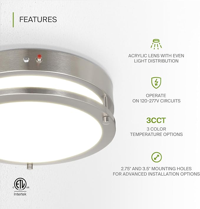 ASD LED 12" Round Flush Mount Lighting, Close to Ceiling Light Fixture | 3CCT, Dimmable, Battery Backup, ETL Listed | 20W 1876LM 3000-5000K 100-277V | Low Profile Double Ring Lamp | Nickel