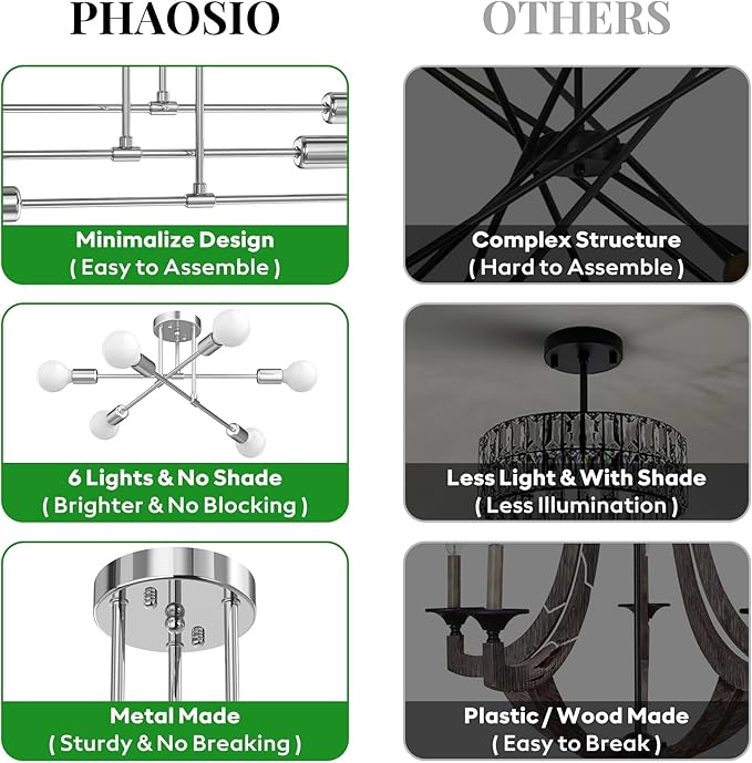 Modern Sputnik Chandelier Ceiling Light Fixtures, 6-Lights 22” Mid Century Industrial Metal Semi Flush Mount for Dining Room, Bedroom, Living Room-Glossy Silver