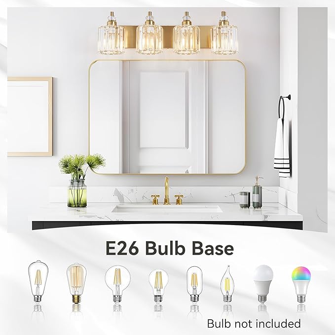 4-Light Brushed Brass Bathroom Light Fixtures Modern Vanity Lights Over Mirror Gold Bathroom Vanity Lighting with Crystal Shade E26 Base Wall Sconce for Bedroom Living Room Restroom Wall Lamp