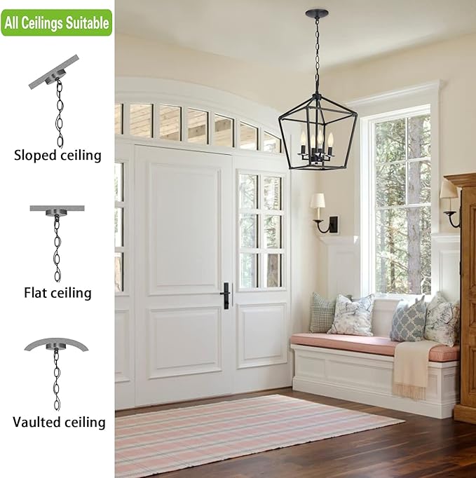 Untrammelife 4-Light Black Lantern Pendant Light, Adjustable Height Square Cage Chandelier 11''W Rustic Hanging Lighting Fixture for Dining Room Kitchen Island Foyer