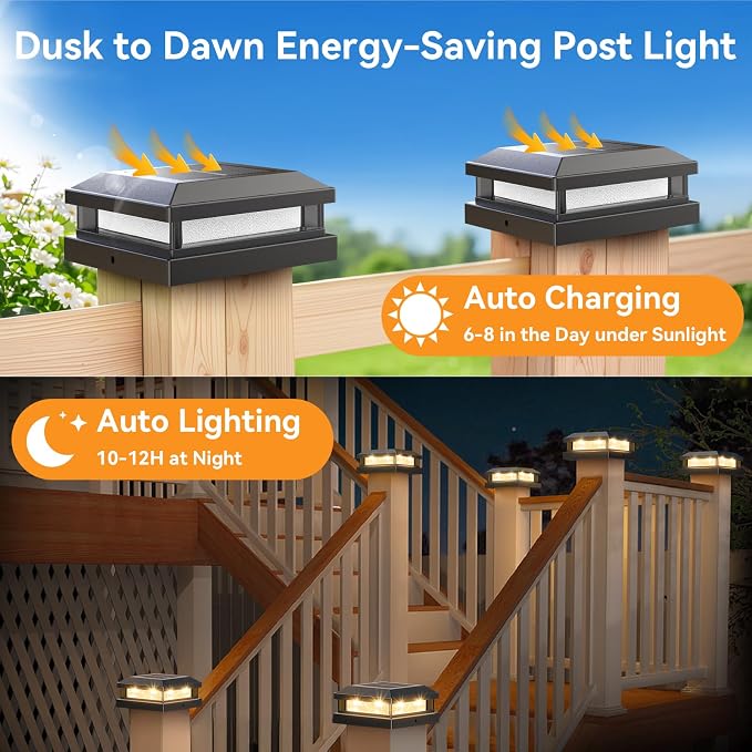 Brightever 4x4 Solar Post Cap Lights Outdoor 8 Packs, Waterproof Solar Powered Deck Light for 5x5 Vinyl/Wooden Posts, Black Outside Warm/Cool Lighting Fence Cap Lights with 16LEDs for Garden, Patio