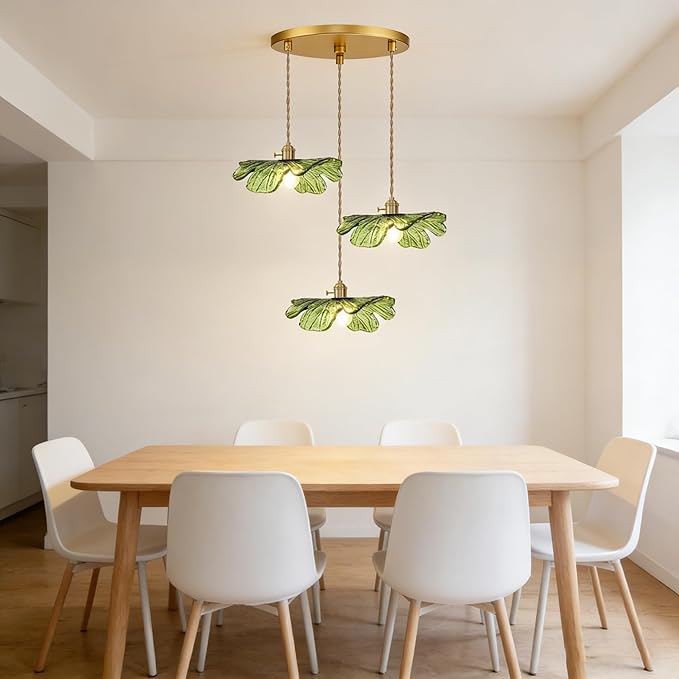 Green Glass Pendant Light 3-Light Cluster Chandelier Adjustable Gold Brass Pendant Hanging Light Farmhouse Pendant Lights for Kitchen Island Dining Room Bedroom