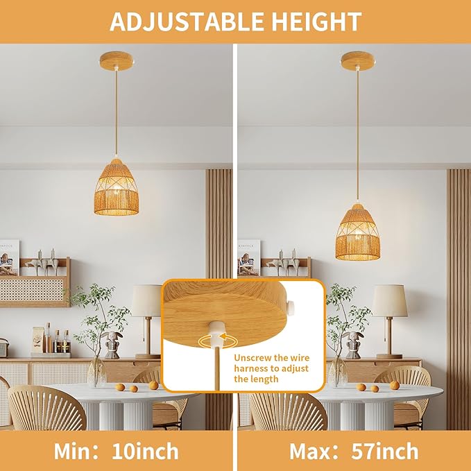 Boho Rattan Pendant Light Kitchen Island,Farmhouse Chandeliers Adjustable Height Hanging lamp for Dining Room,Kitchen Ceiling Lights Fixtures with Hand Woven Wicker Lampshade Lighting