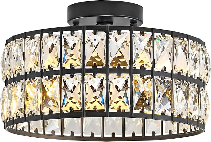 HuixuTe Modern Bedroom Light Fixtures Ceiling, 12.5" Round Drum Crystal Chandelier 3-Light, Black Semi Flush Mount Ceiling Light for Dining Room Kitchen Hallway Living Room