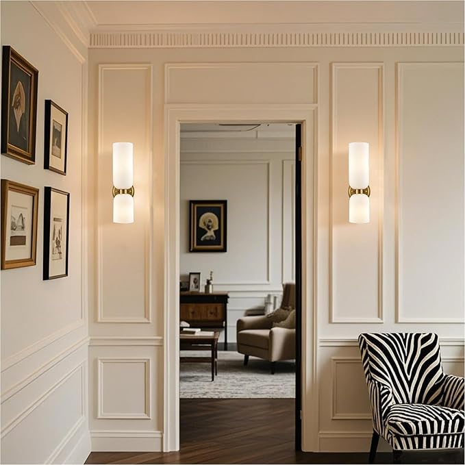 DEYNITE Gold Wall Sconces Set of Two 2-Light Modern Wall Light 3.93"(W)*14.2"(H) Bathroom Vanity Light Milky White Glass