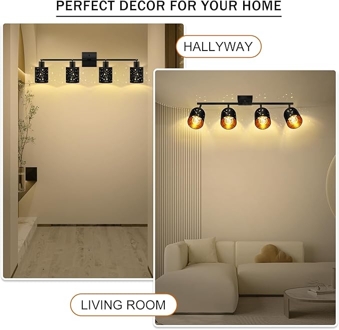 4 Light Track Lighting Kit, Black 4 Way Modern Flexible Ceiling Spotlight, Industrial LED Wall Light for Kitchen Cabinet Gallery Bar Hallway Living Room, Black Stars Design Contemporary, E26 Socket