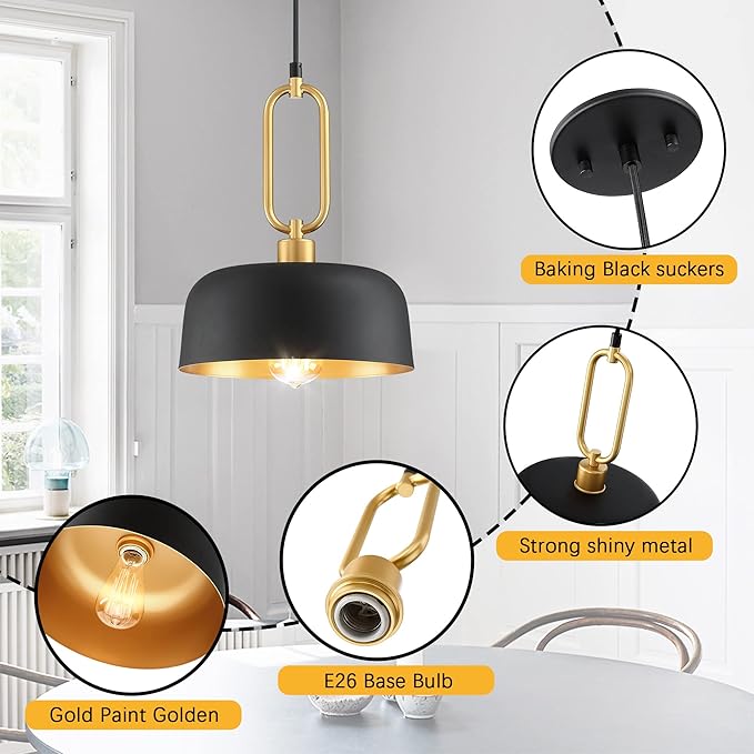 Industrial Pendant Lighting Fixture, Black and Gold Farmhouse Pendant Light, Adjustable Kitchen Lights Ceiling Hanging for Kitchen Island Hallway Dining Room 3 Pack