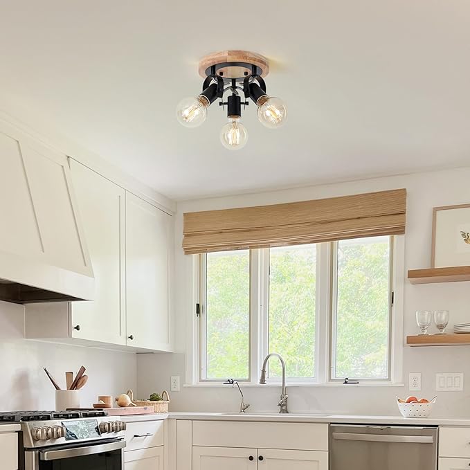 SEEBLEN 3-Light Round Flush Mount Ceiling Light，Rustic Ceiling Track Lighting with Wooden Base, Adjustable Multi-Directional Kitchen Light fixtures for Dining Room Hallway Entryway Bedroom.