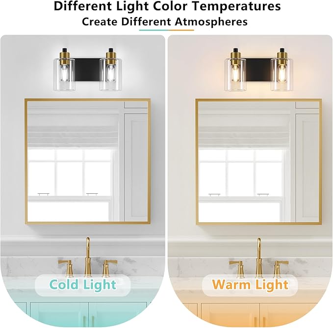 Dpyrrhic Bathroom Light Fixtures, Matte Black and Gold 2-Light Bathroom Lights Over Mirror with Clear Glass Shade,Wall Sconces for Bathroom