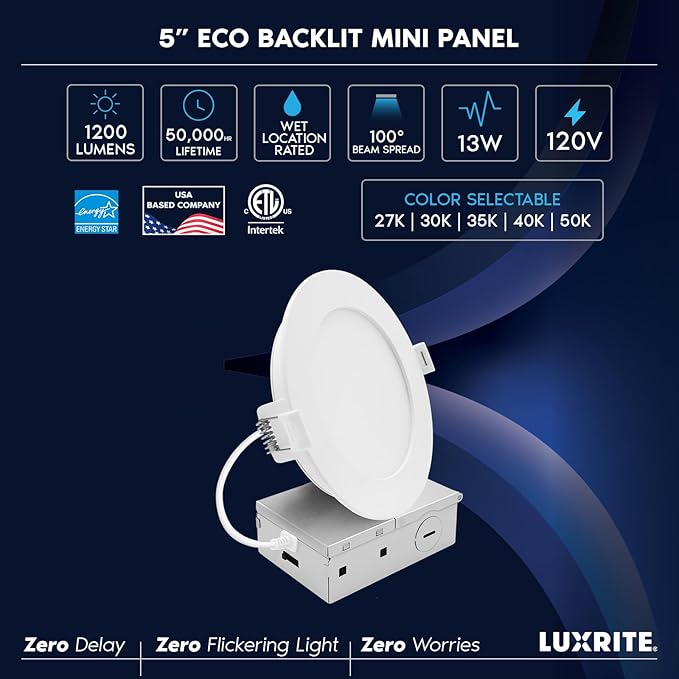 LUXRITE 5 Inch LED Recessed Light, ECO Backlit Mini Panel Spotlight, 5CCT 2700K-5000K, 1200 Lumens, High Output, 13 Watts, Dimmable, IC Rated, Wet Rated, ETL Listed, Energy Star, Round (48 Pack)