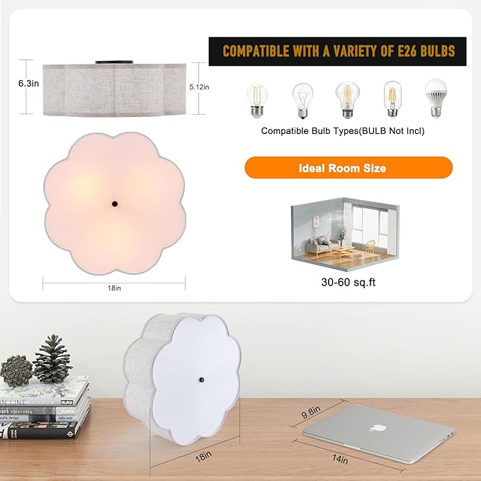 18" Modern Flush Mount Ceiling Light, 3-Light Large Black Ceiling Fixture with Beige Linen Drum Shade, Flower Design Ceiling Lamp for Dining Room, Bedroom, Nursery, Entryway