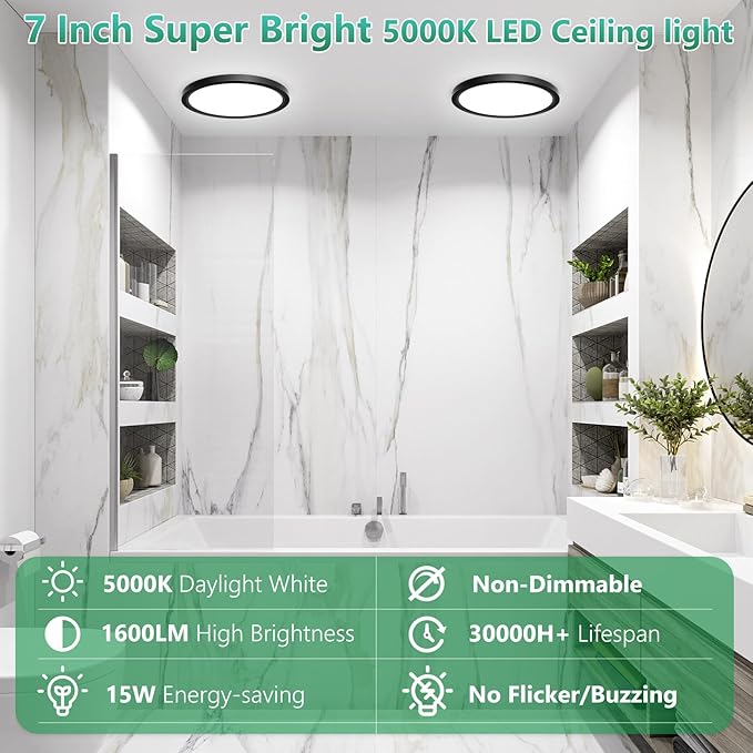 Brightever Black LED Flush Mount Ceiling Light Fixtures, 7 Inch 15W, Super Slim 0.67 Inch Small Ceiling Light, 5000K Daylight White 1600LM LED Ceiling Lamps for Bathroom, Pantry, Non-Dimmable, 6 Packs