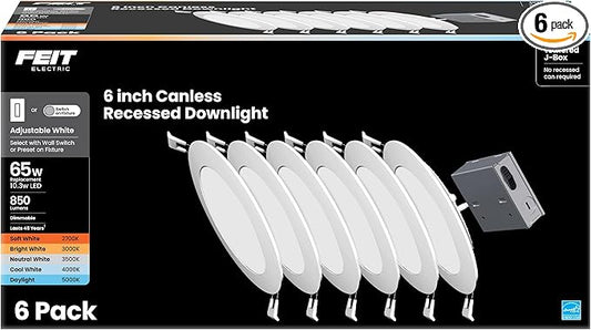 Feit Electric 6" LED Canless Recessed Downlights with Tethered Jbox, Slim, 65W Replacement, Dimmable, 5CCT Adjustable White, 90 CRI, 850 Lumens, LEDR6XT/6WYCA/6, 6 Pack