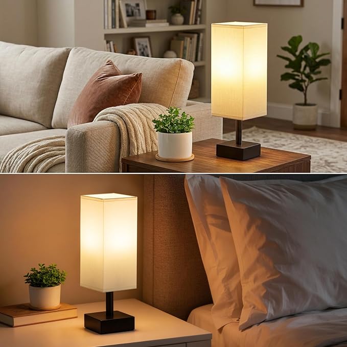 Bedside Lamp for Bedroom with White Shade, Small Lamp for Living Room,End Table, Button Switch(Bulb not Included)