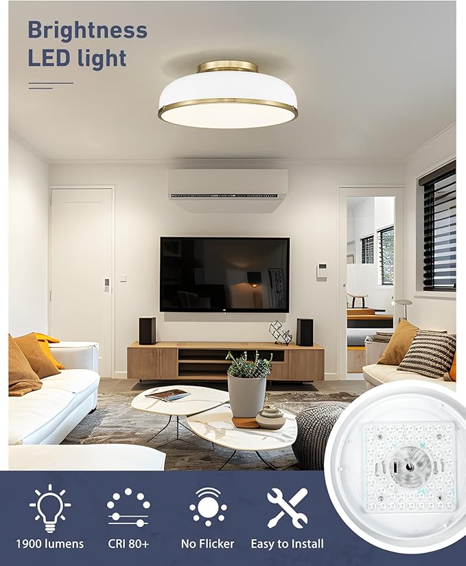 kudos Ceiling Light, 16-inch LED Flush Mount Ceiling Light, White and Gold Finish, 30W/1900lm Light Fixtures Ceiling Mount for Bedroom,Hallway, 3000K/3700K/4500K/5100K/6000K Adjustbale, KDCL15-WT-L