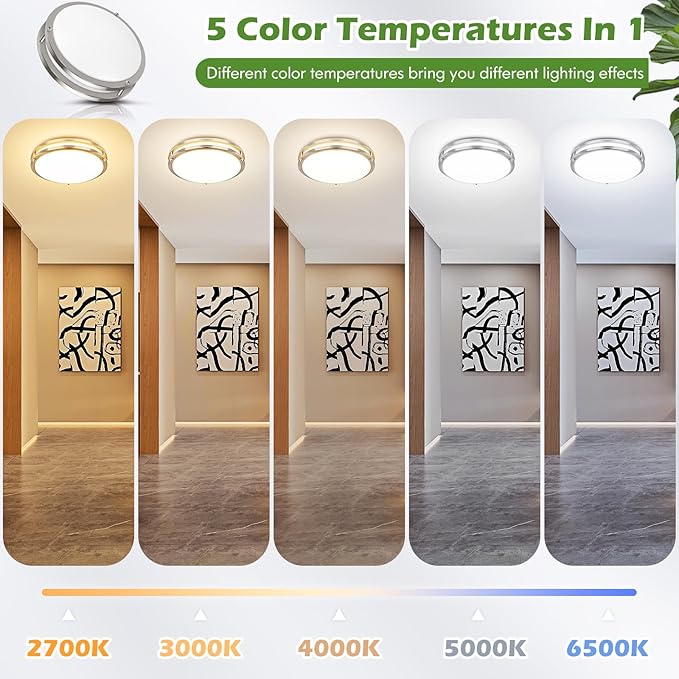 16 Inch 50W LED Ceiling Lights, Dimmable Brushed Nickel Flush Mount Ceiling Light, 2700K/3000K/4000K/5000K/6500K Adjustable, 5400LM Super Bright Ceiling Lamp for Bedroom Kitchen Office, 1-Pack