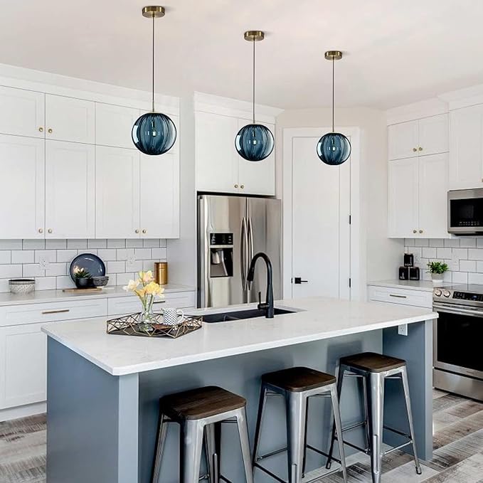 KCO Lighting Modern Large Globe Pendant Light 1-Light Single Blue Glass Pendant Lighting Kitchen Island Vintage Ribbed Glass Pendant Light Contemporary Gold Hanging Light Fixture (9.8”)