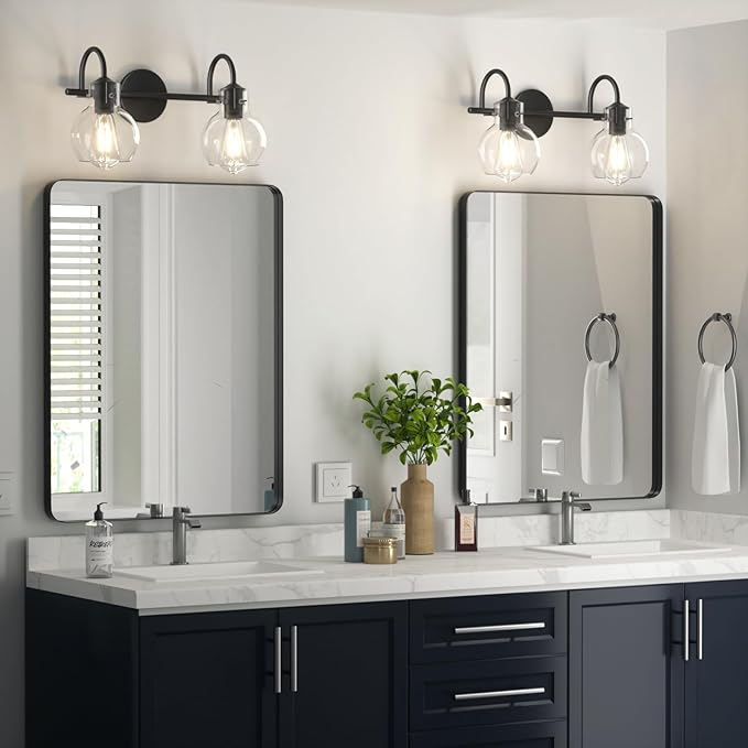Bathroom Vanity Light Fixtures, Modern 2 Lights Vanity Lighting Fixture Matte Black, Farmhouse Metal Wall Lamp with Globe Glass Shade, Porch Wall Mount Light Fixture for Mirror Cabinets