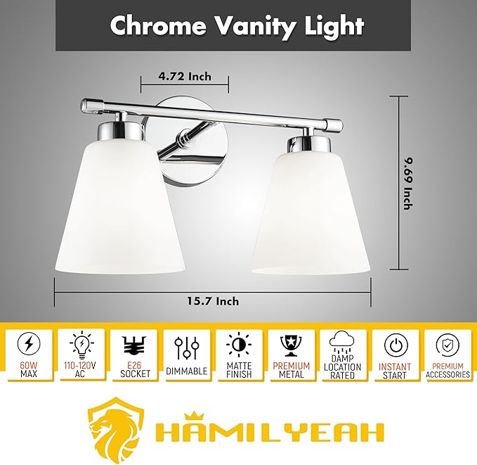 Hamilyeah Modern Chrome Bathroom Vanity Light Fixture Over Mirror, 2 Light Vanity Lighting Fixture with Frosted Glass Shade, Silver Wall Sconce Lighting for Bath, Bedroom, Kitchen, Hallway