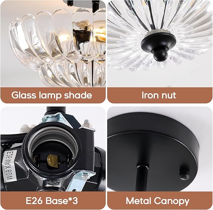 semi Flush Mount Ceiling Light Fixture - 3-Light Vintage Crystal Glass with Black Metal Frame, Modern Close-to-Ceiling Lighting for Bedroom, Kitchen, Living Room or Hallway, e26 Base