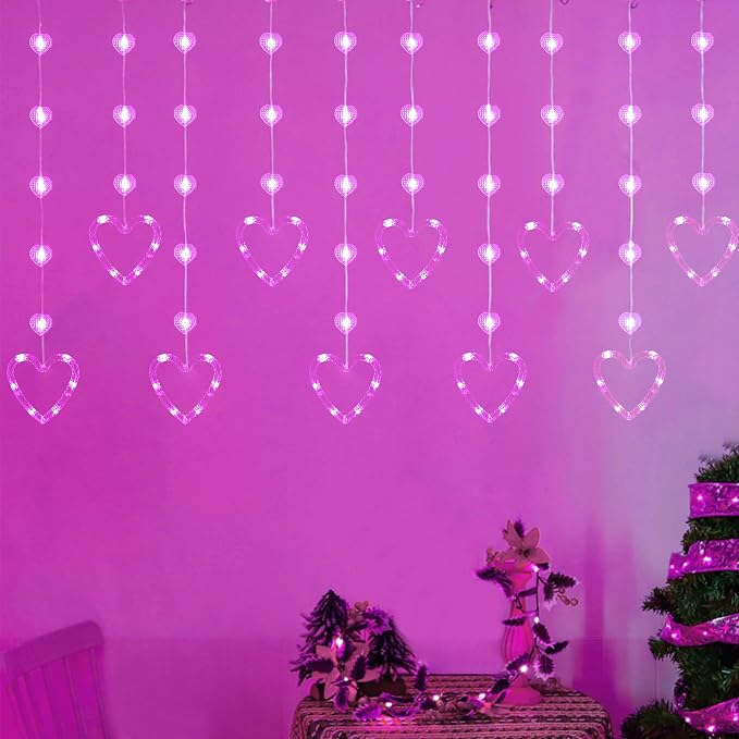 YOLIGHT Heart Curtain Lights, 9.8ft Valentine's Day Decoration, USB sLED Hearts String Lights, Light up Heart Hanging Lights for Valentines Mother's Day Room Decor (Pink)