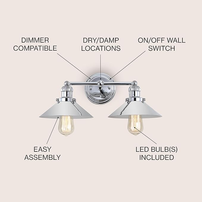 JONATHAN Y 17.5" Chrome 2-Light Industrial Farmhouse Metal Vanity Light Wall Sconce, Metal Shade for Bathroom Mirror, Kitchen, Entryway, LED Bulb Included (JYL7424A)