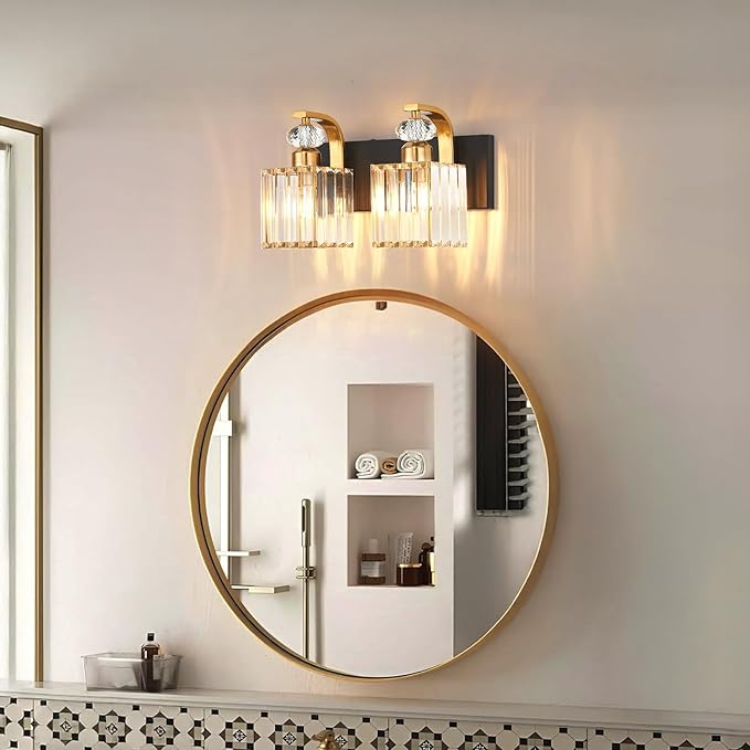 Modern Bathroom Vanity Light, 2-Light Black Gold Bathroom Lighting Fixtures Over Mirror, 12.6" Crystal Wall Light Sconce for Bathroom/Bedroom/Vanity, Includes LED Bulbs, Easy Installation