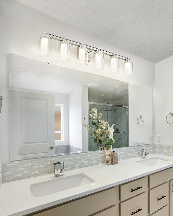 6 Light Bathroom Vanity Light, HWH Brushed Nickel Vanity Lights for Bathroom, Modern Vanity Lights Over Mirror with Clear Glass Shade, 36W 5CCT LED Wall Lights Dimmable, 5HLT63B-6W-LED BN