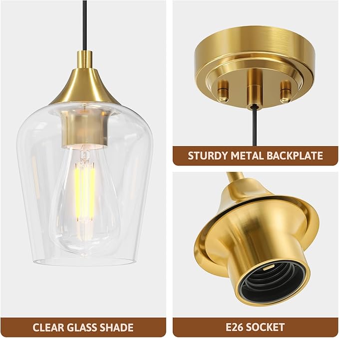 VONLUCE Pendant Lights Kitchen Island, Brushed Gold Pendant Light Fixtures with E26 Base & Adjustable Cable, Modern Pendant Lighting with Glass Shade for Living Room Bedroom Hallway, 2 Packs