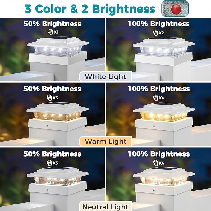 kolpop 4x4 Solar Post Cap Lights Outdoor 12Pack- 3 Color Temperatures&2 Level Brightness, IP65 Waterproof, 16 LED Fence Deck Post Light Solar Powered Only for 4×4/3.5×3.5 Wood/Vinyl Posts(White)