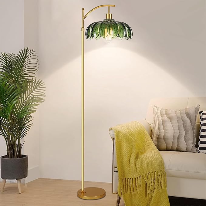 QIYIZM Glass Floor Lamp for Living Room,Bedroom,Gold Dimmable Standing Lamp with Remote,Mid Century Modern Brass Tall Lamp Boho Vintage Retro Floor Lamps Arc Green Flower Floor Light Lamp Bohemian
