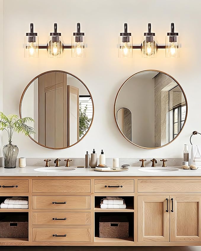 3 Light Bathroom Vanity Light, Black Coffee Vanity Lights for Bathroom, Modern Light Fixtures Over Mirror with Clear Glass Shade, Wall Sconce Lighting for Bedroom Living Room Hallway