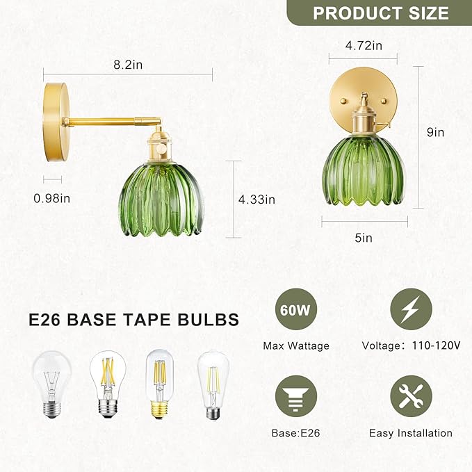 Hardwired Wall Sconce Light, Vintage Wall Sconce with Switch, Gold Wall Light Fixture with Tulip Green Glass Lampshade, Indoor Wall Light for Bedroom Bathroom, Bedside Wall Lamp