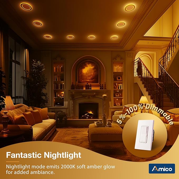 Amico 6 Pack 6 Inch 5CCT LED Recessed Ceiling Light with Double Ring Night Light, 2700-5000K Selectable Ultra-Thin Recessed Lighting, 12W=110W, 1100LM, Dimmable Canless Wafer Downlight, ETL, FCC