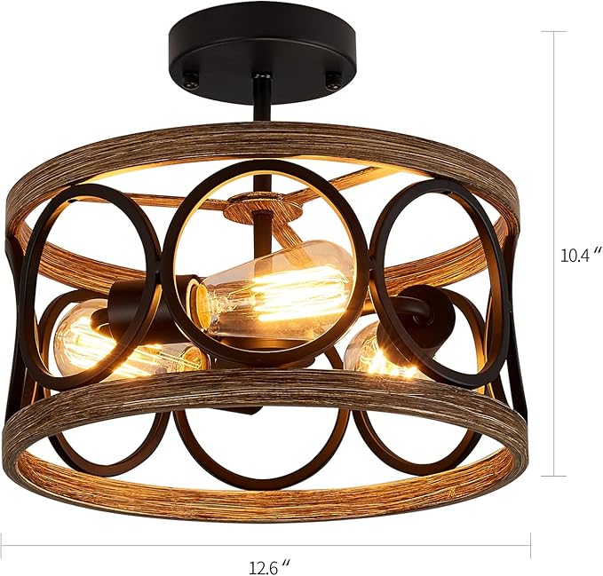 Semi Flush Mount Modern Farmhouse Ceiling Light Fixtures,3-Lights Black and Retro Wood Finish,Drum Shade Rustic Light Fixtures for Entryway Hallway Foyer Kitchen Dining Room Bedroom