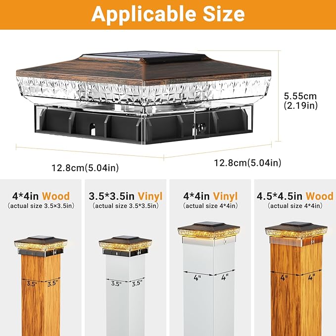 btfarm 4x4 Solar Post Cap Lights Outdoor, 2 Modes 16 LED Fence Deck Post Lights, 2 Pack Waterproof Solar Powered Lighting Outside Fit 4x4 3.5x3.5 Wooden/Vinyl for Porch Patio Garden, Copper Cap